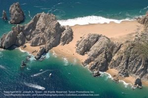 Playa del Amor or Lover's Beach in Cabo San Lucas, with Divorce Beach in the background.