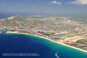 Aerial view of Medano Beach and town, Cabo San Lucas, September 2012.