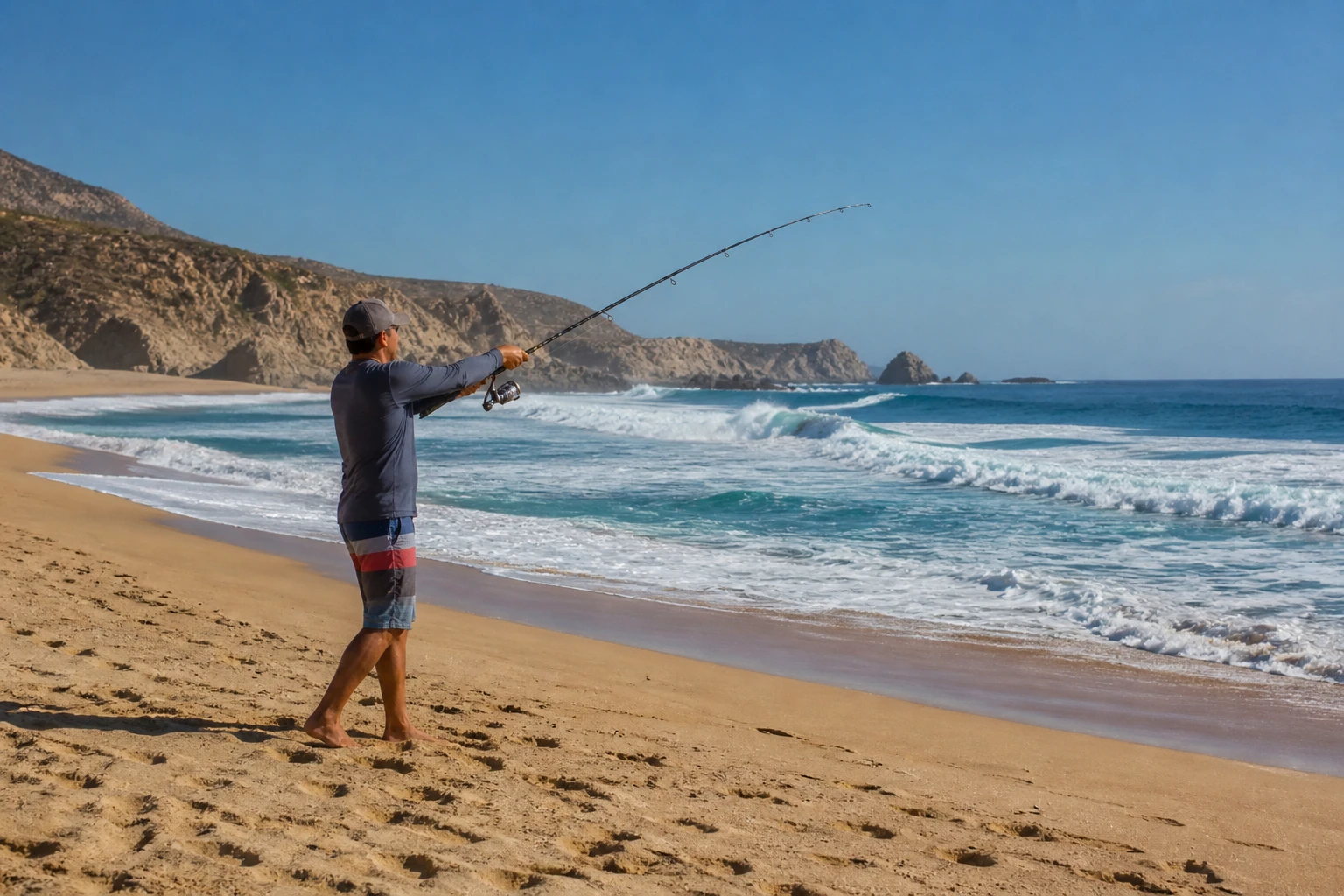Surf angler casting from Solmar Beach in Cabo San Lucas with Pacific waves breaking in the background